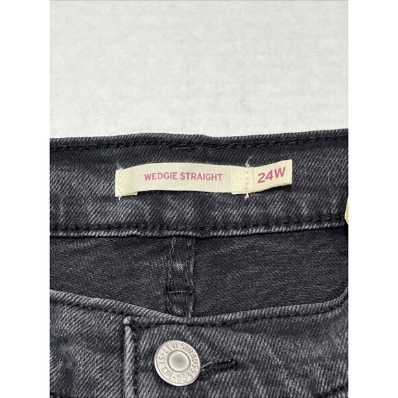 Levis Jeans Womens 24W Wedgie Straight Black Distressed Button Fly Busted Knee - Picture 9 of 12